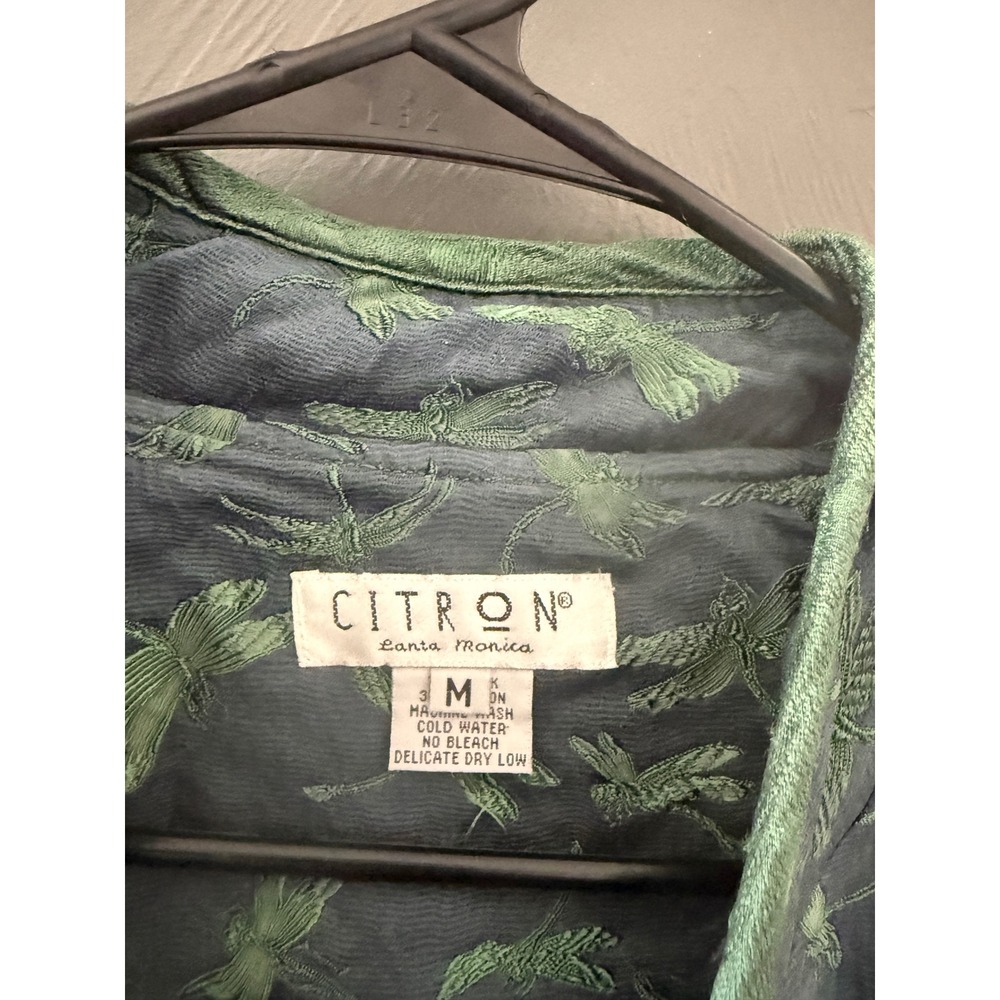 Citron Santa Monica Vintage Y2k Silk Dragonfly Mandarin Jacket Teal Green Frog M - Picture 7 of 9